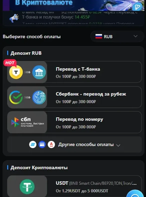 Окно пополнения Lucky Bear: рублёвые методы с лимитами и блок криптовалют ниже